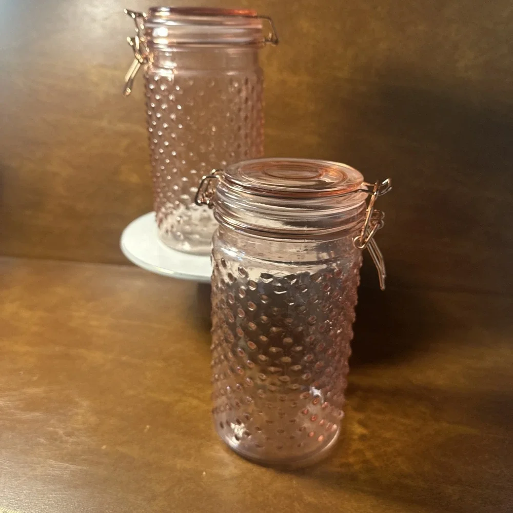 2-Hobnail Pink Glass Jar Canister Flip Top Lid 7-3/4